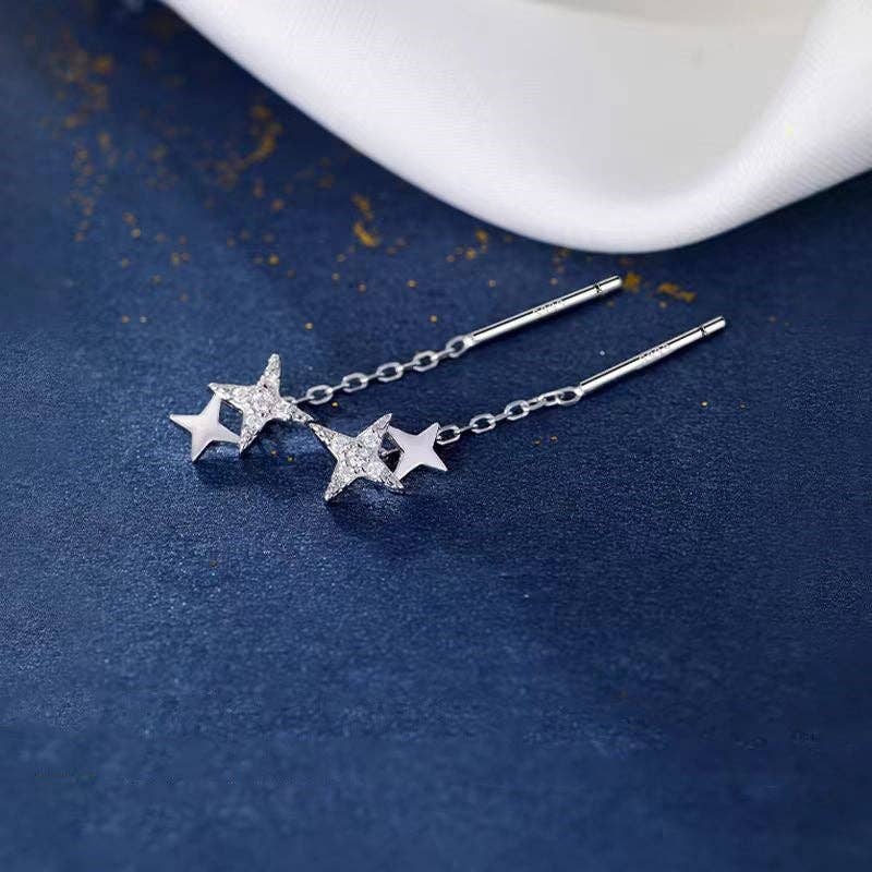Dainty Star Long Threader Earrings in 925 Sterling Silver