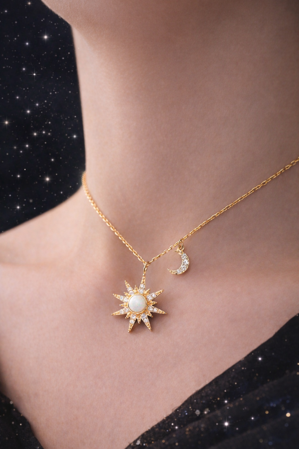 Opal Sun Moon Pendant Necklace in 925 Sterling Silver