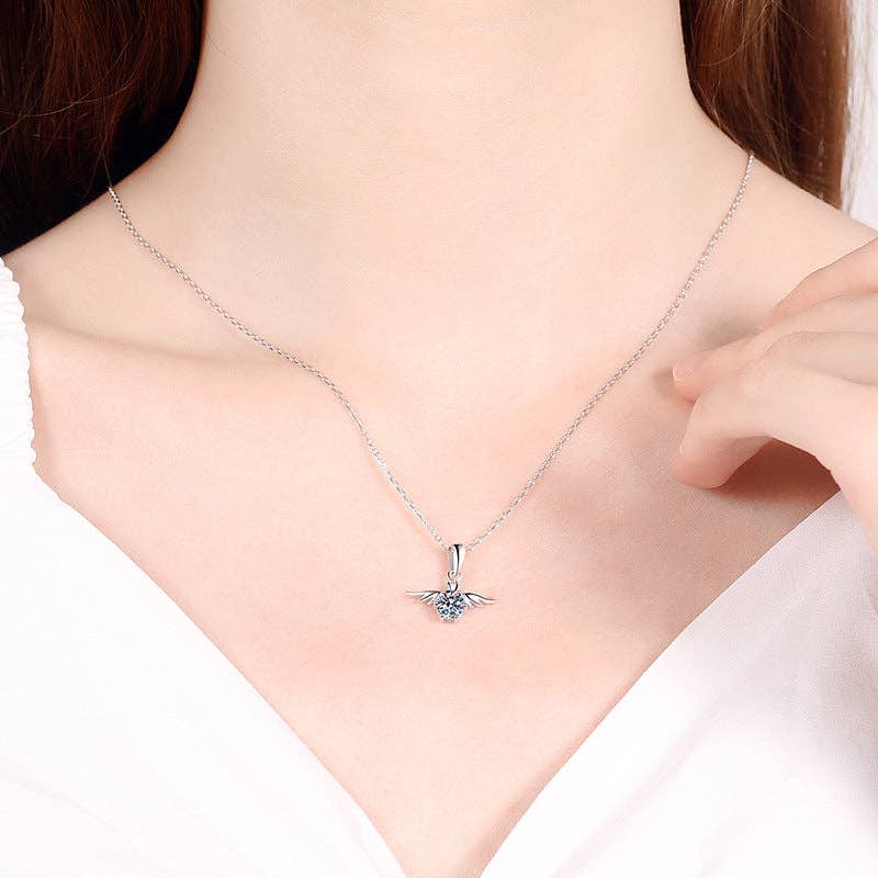 Angel Wing Moissanite Charm Necklace in 925 Sterling Silver