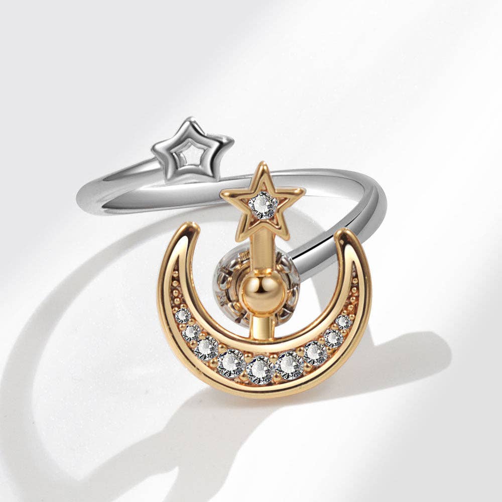 Moon Star Anxiety Fidget Spinner Ring in Solid Copper
