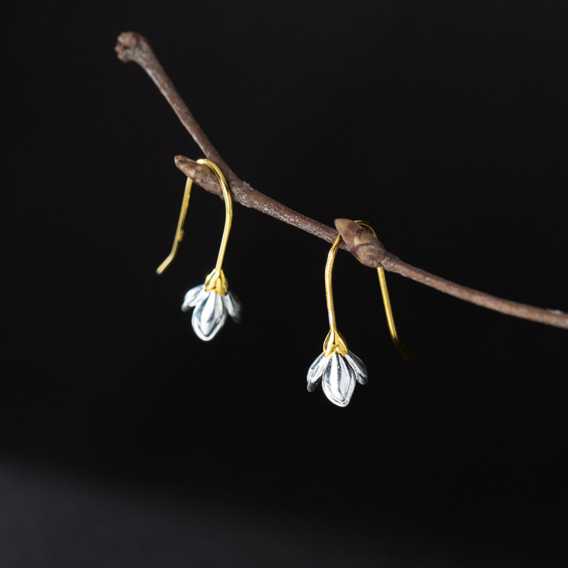 Dainty Magnolia Flower Hook Earrings in 925 Sterling Silver