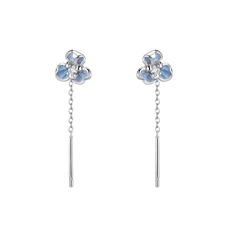 Blue Iris Flower Threader Earrings in 925 Sterling Silver