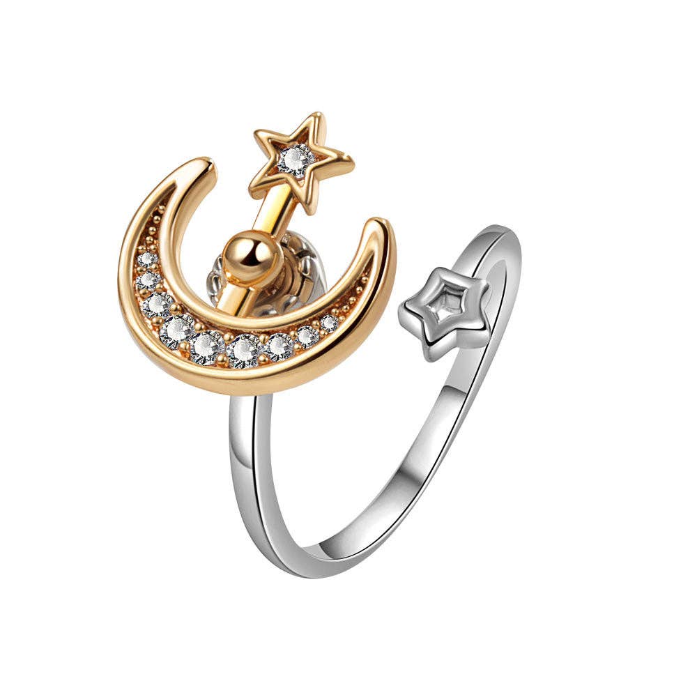 Moon Star Anxiety Fidget Spinner Ring in Solid Copper