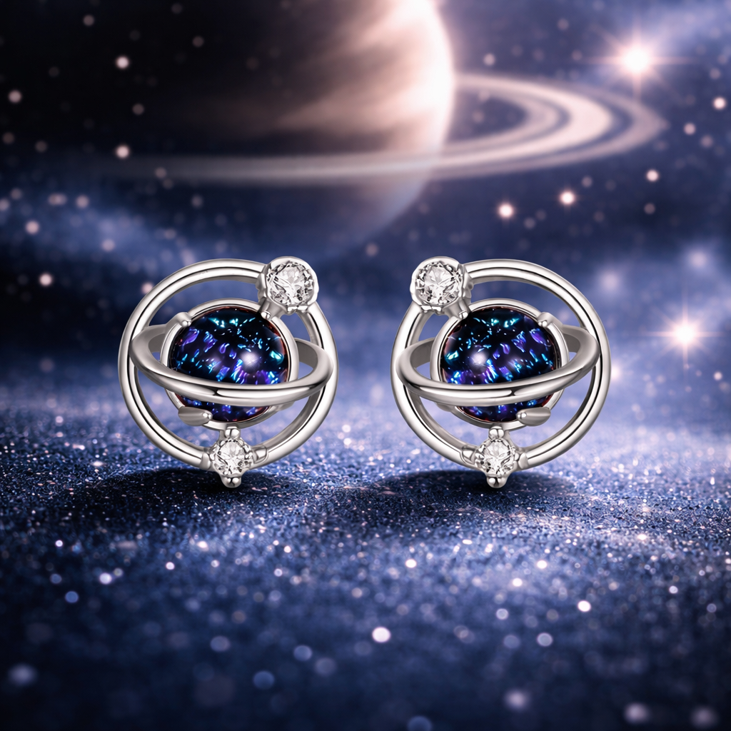 Planet Saturn Space Stud Earrings in 925 Sterling Silver