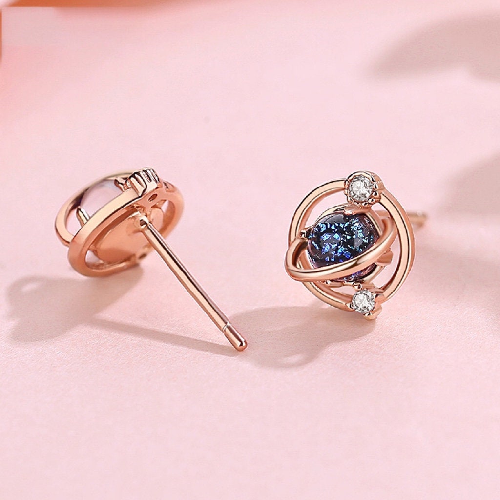 Planet Saturn Space Stud Earrings in Silver or Rose Gold