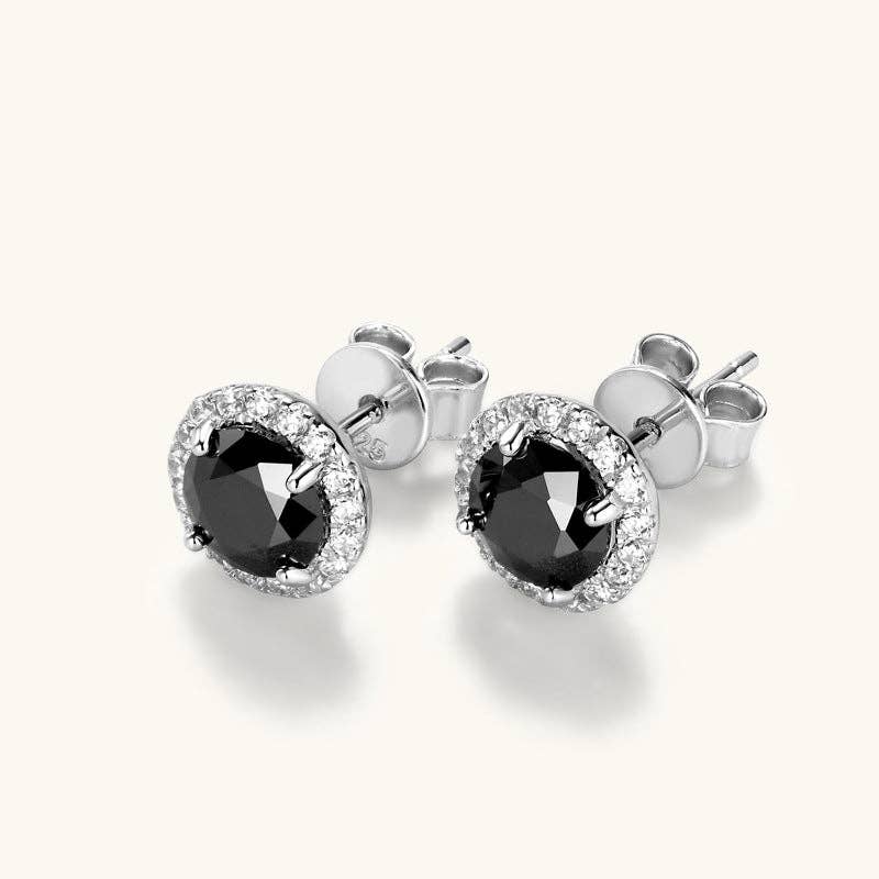 Black Moissanite Halo Stud Earrings in 925 Sterling Silver
