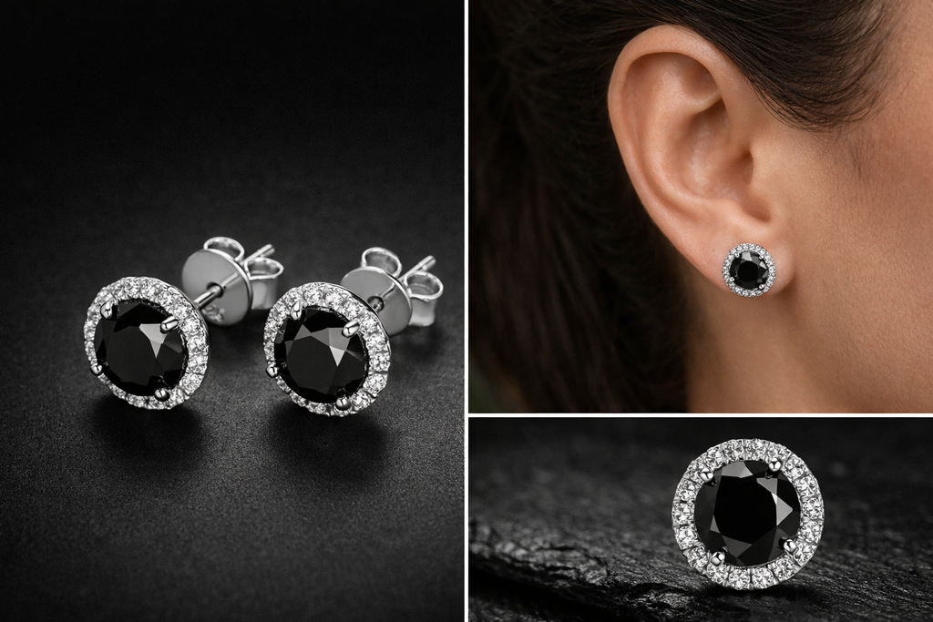 Black Moissanite Halo Stud Earrings in 925 Sterling Silver