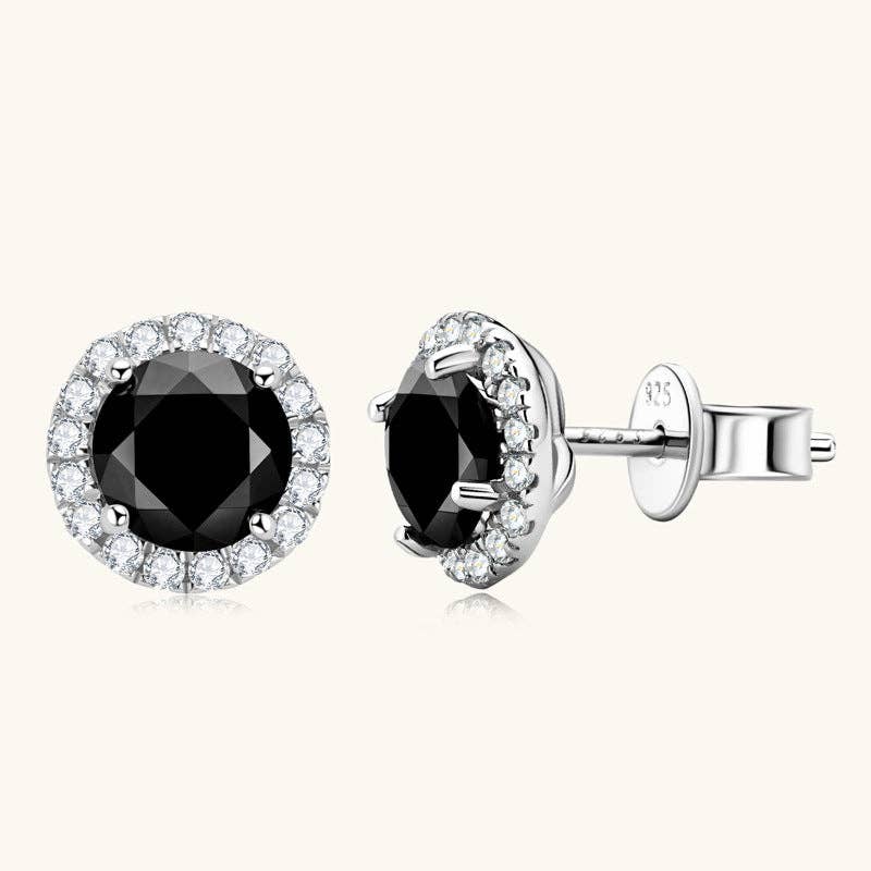 Black Moissanite Halo Stud Earrings in 925 Sterling Silver
