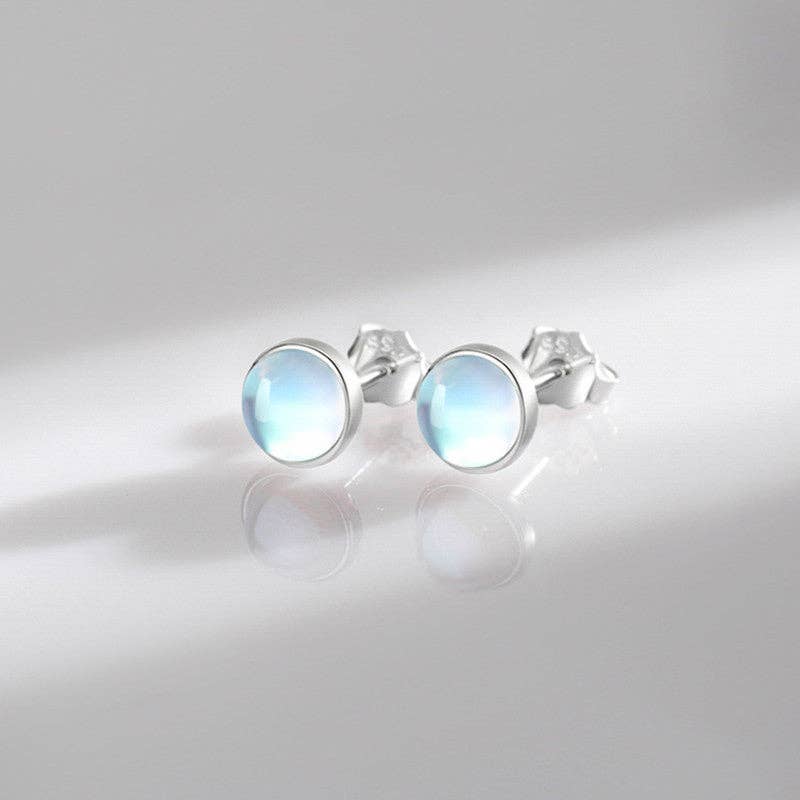 Tiny Small Round Moonstone Earrings in 925 Sterling Silver
