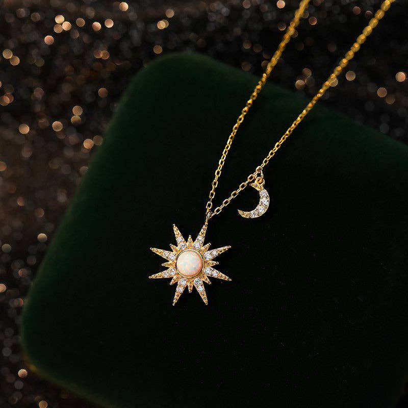 Opal Sun Moon Pendant Necklace in 925 Sterling Silver