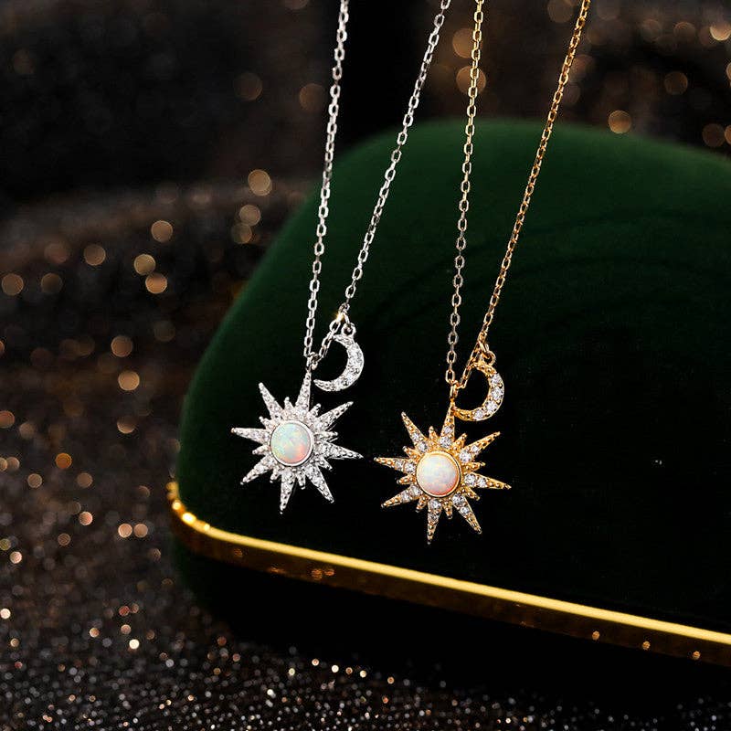 Opal Sun Moon Pendant Necklace in 925 Sterling Silver