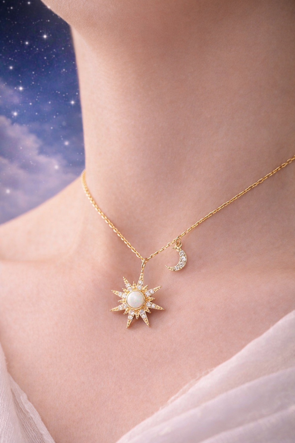 Opal Sun Moon Pendant Necklace in 925 Sterling Silver