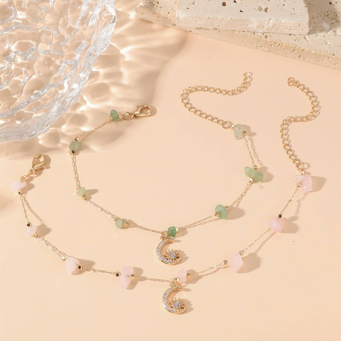 Crystal Raw Stone Bead Moon Charm Anklet in Solid Copper