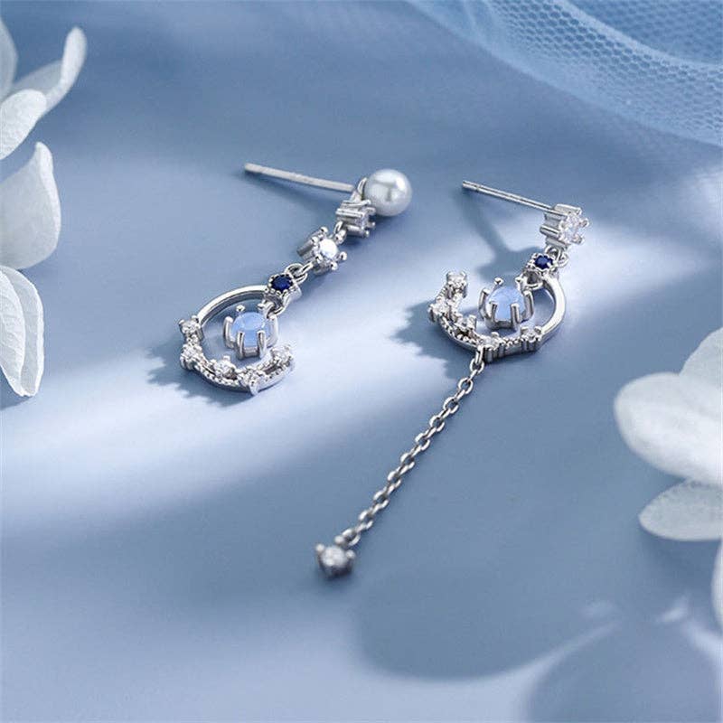 Moon Star Moonstone Drop Earrings in 925 Sterling Silver