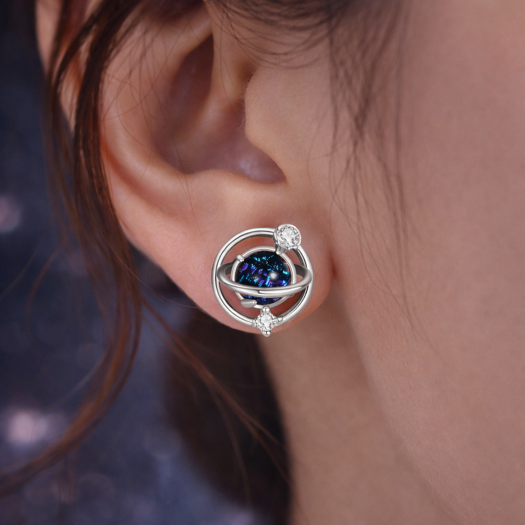 Planet Saturn Space Stud Earrings in Silver or Rose Gold
