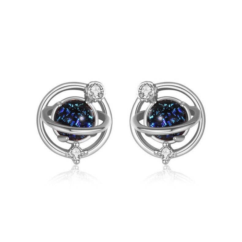 Planet Saturn Space Stud Earrings in 925 Sterling Silver