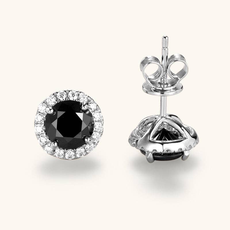Black Moissanite Halo Stud Earrings in 925 Sterling Silver