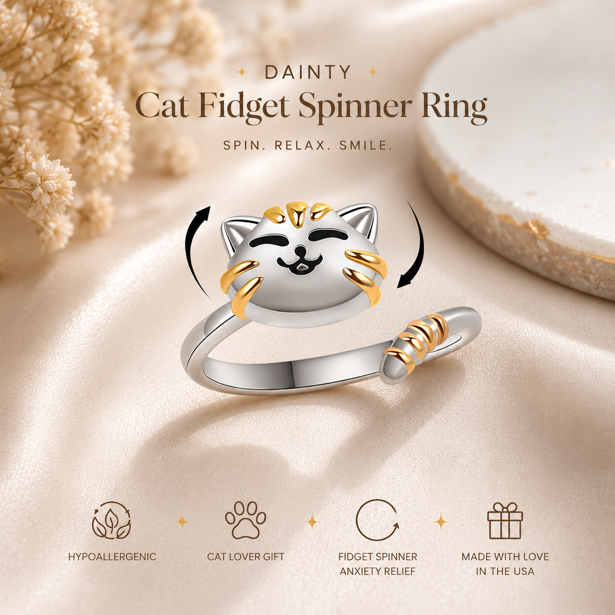 Dainty Cat Anxiety Fidget Spinner Band Ring in Solid Copper