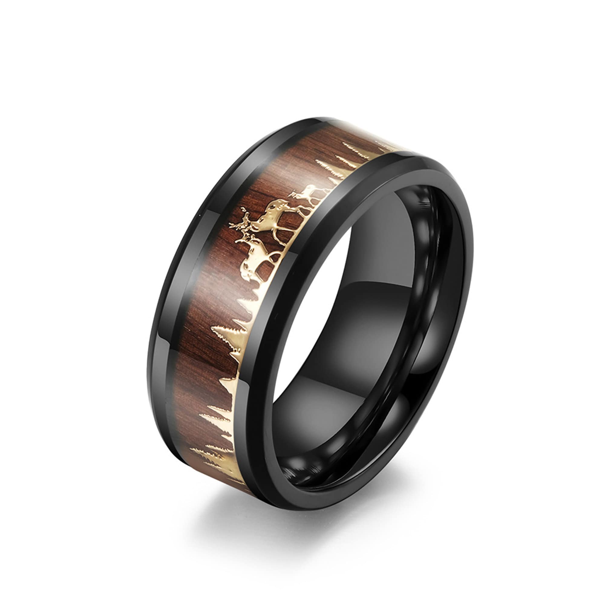 Black Wood Forest Elk Deer Band Ring in Stainless Steel