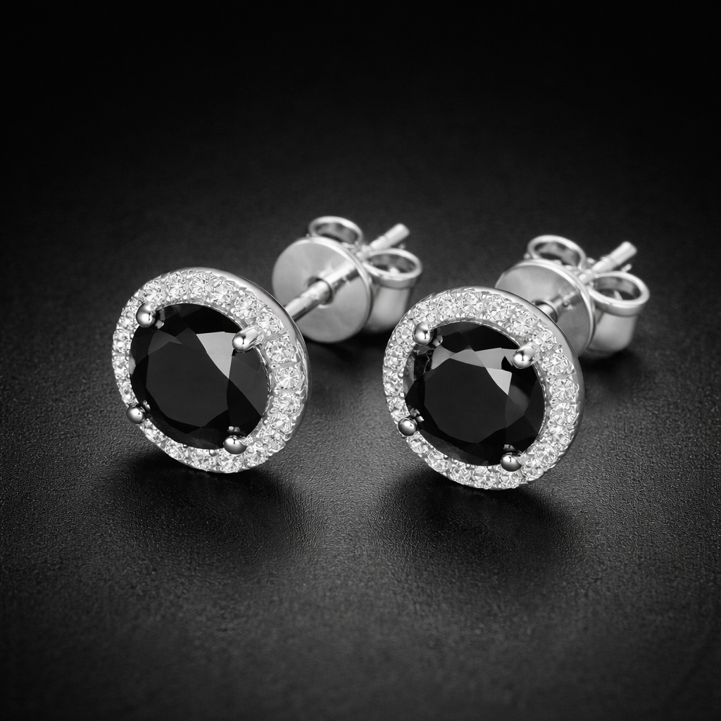 Black Moissanite Halo Stud Earrings in 925 Sterling Silver