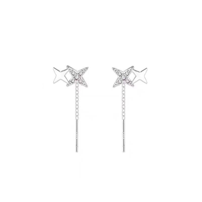Dainty Star Long Threader Earrings in 925 Sterling Silver