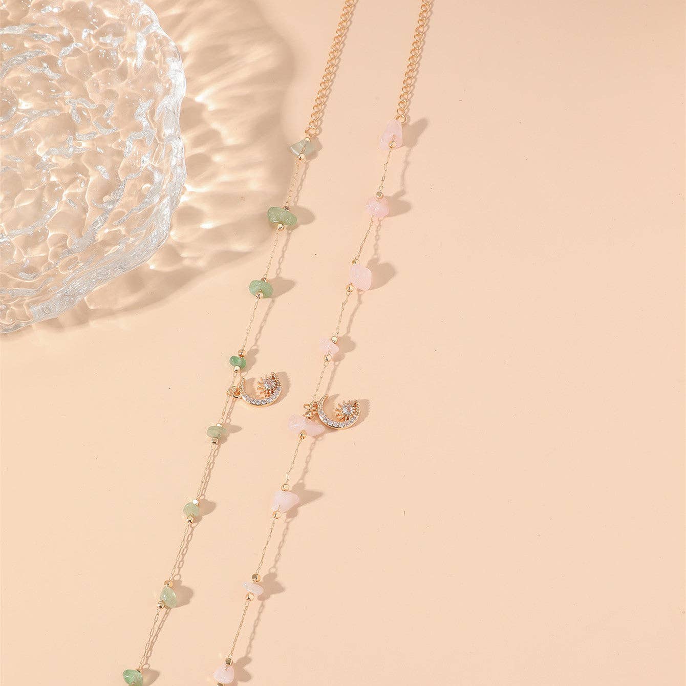Crystal Raw Stone Bead Moon Charm Anklet in Solid Copper