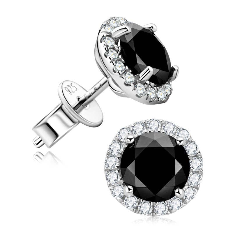 Black Moissanite Halo Stud Earrings in 925 Sterling Silver