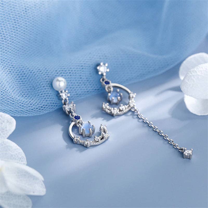 Moon Star Moonstone Drop Earrings in 925 Sterling Silver