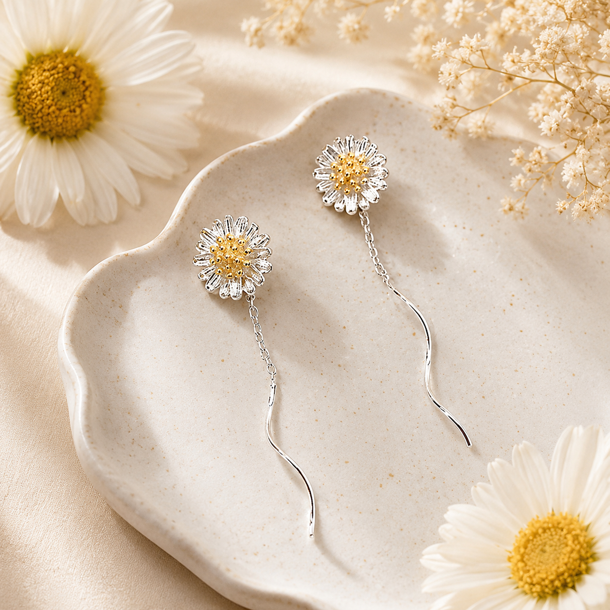Small Daisy Flower Long Threader Earrings in Solid Copper