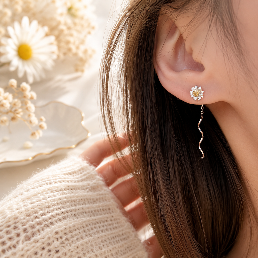 Small Daisy Flower Long Threader Earrings in Solid Copper