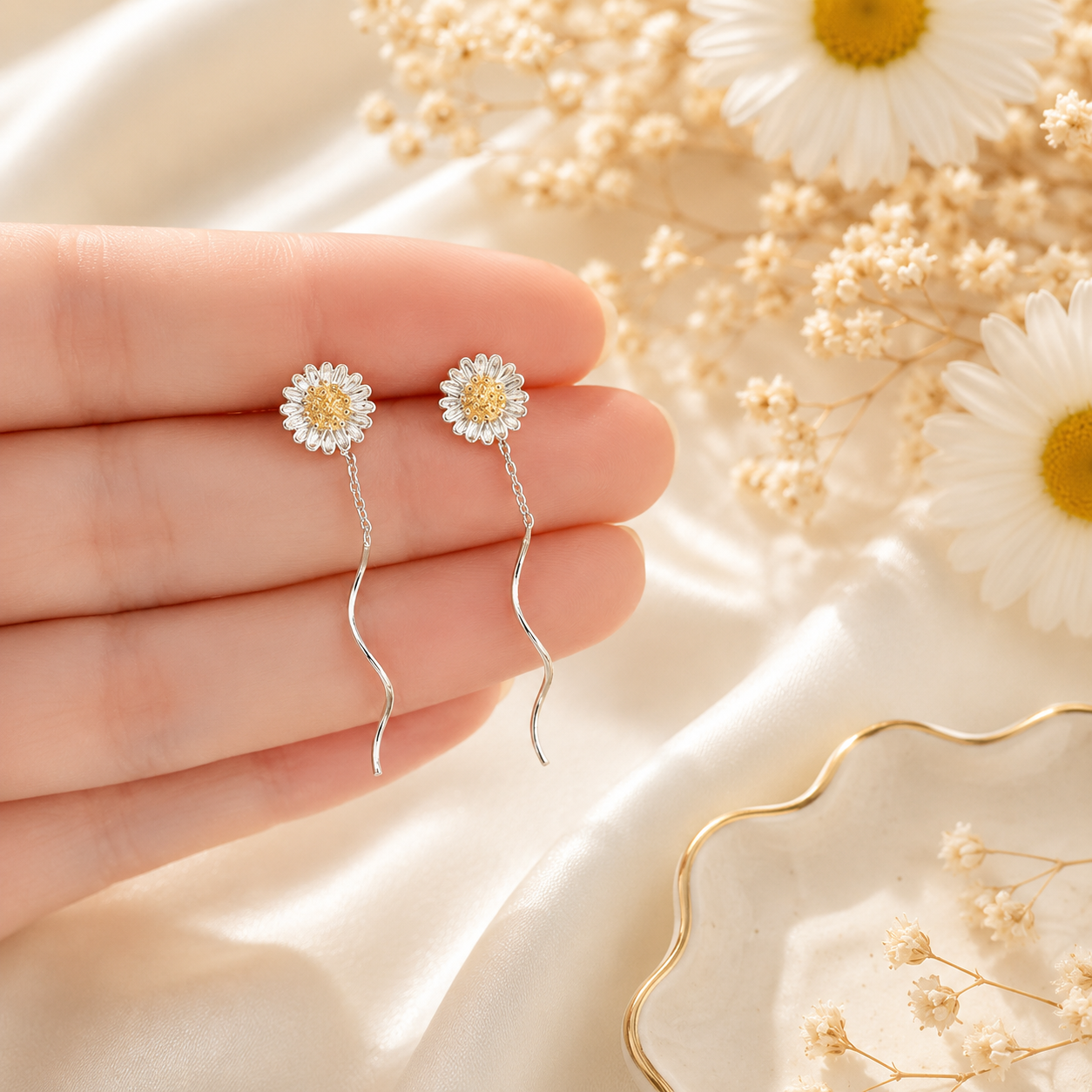 Small Daisy Flower Long Threader Earrings in Solid Copper