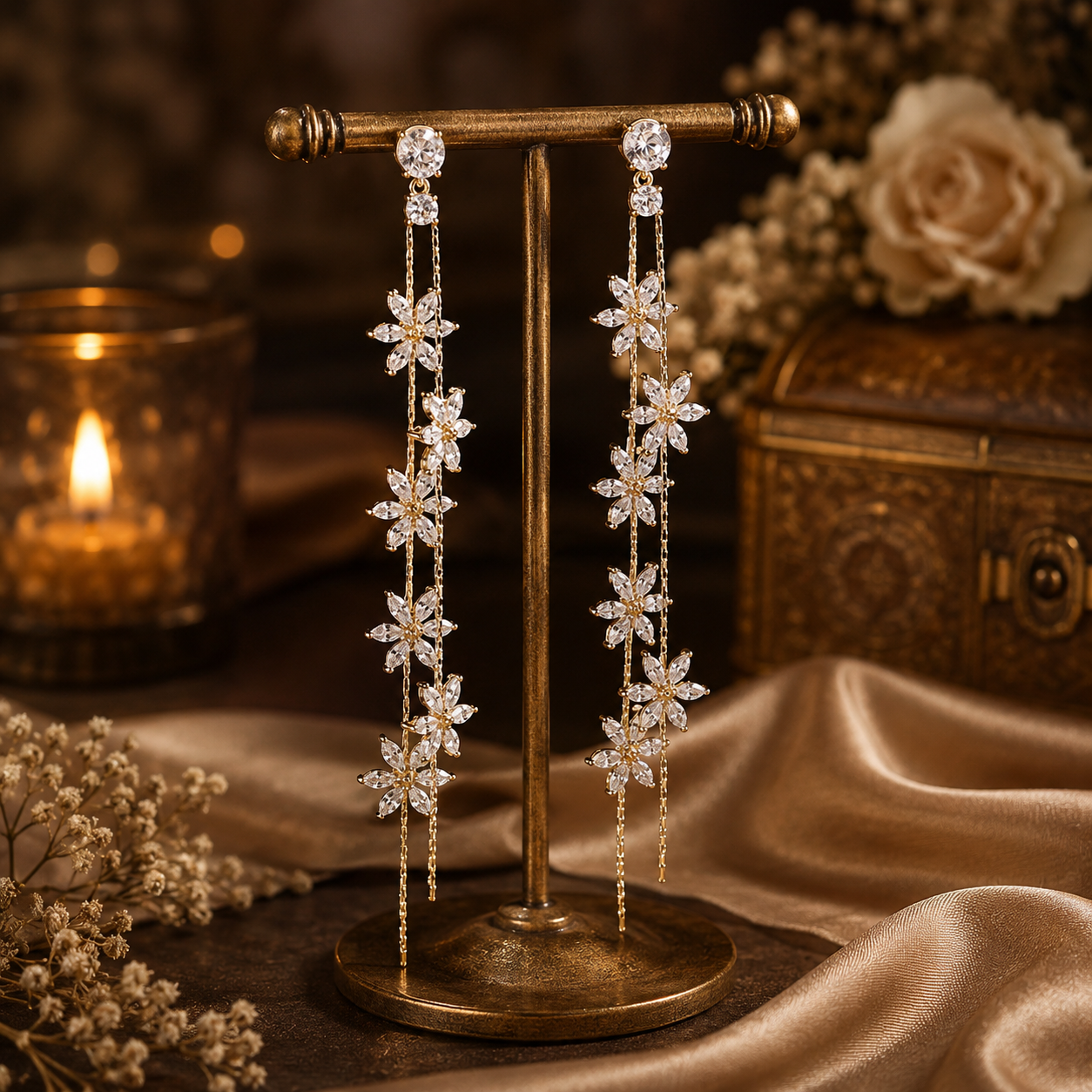 Daisy Flower Dangle Drop Statement Earrings in Solid Copper