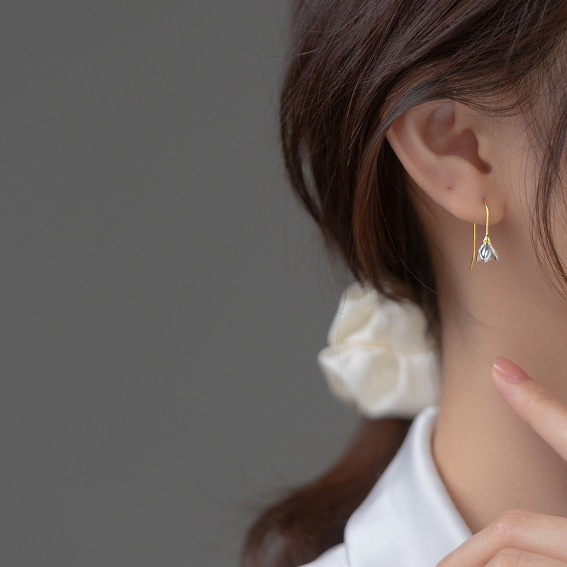 Dainty Magnolia Flower Hook Earrings in 925 Sterling Silver