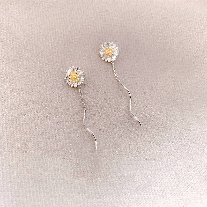 Small Daisy Flower Long Threader Earrings in Solid Copper