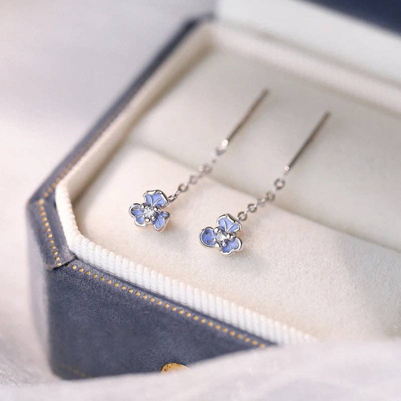 Blue Iris Flower Threader Earrings in 925 Sterling Silver