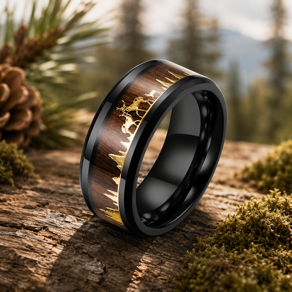 Black Wood Forest Elk Deer Band Ring in Stainless Steel