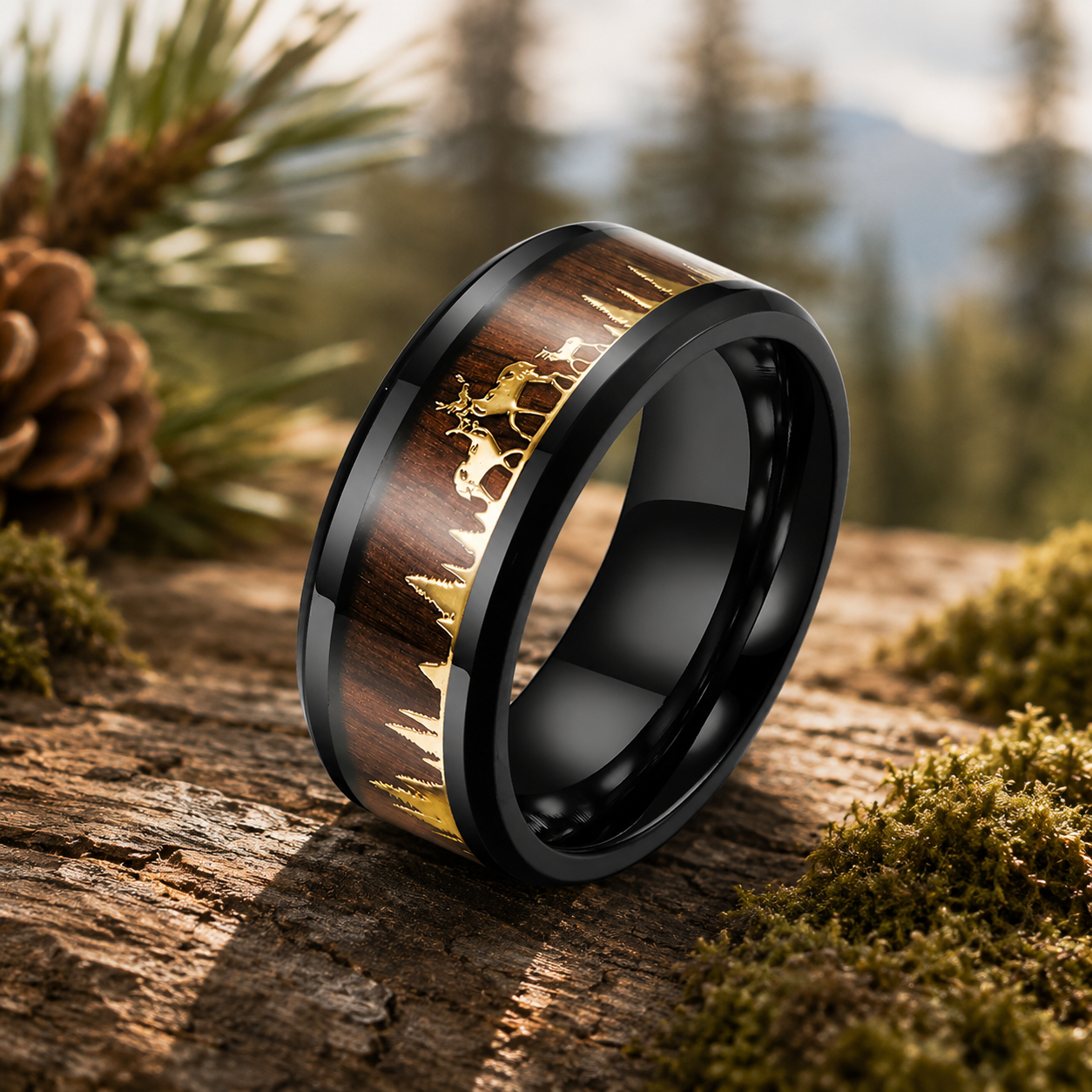 Black Wood Forest Elk Deer Band Ring in Stainless Steel