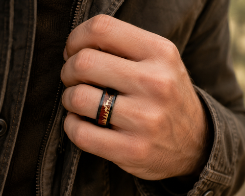Black Wood Forest Elk Deer Band Ring in Stainless Steel
