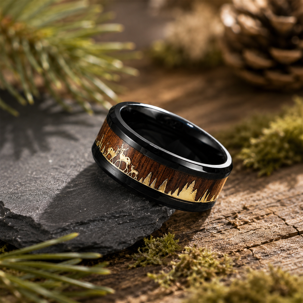 Black Wood Forest Elk Deer Band Ring in Stainless Steel