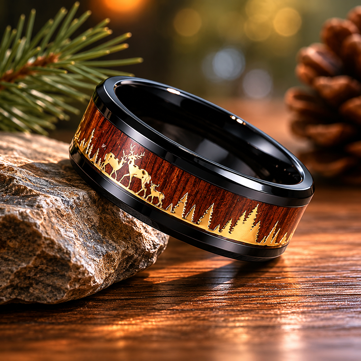 Black Wood Forest Elk Deer Band Ring in Stainless Steel