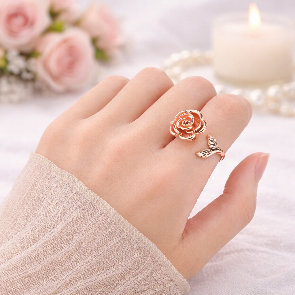 Rose Flower Anxiety Fidget Spinner Ring in Solid Copper