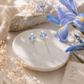 Blue Iris Flower Threader Earrings in 925 Sterling Silver