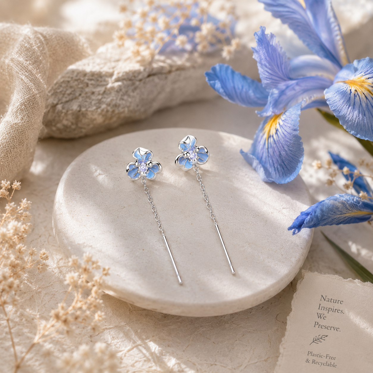 Blue Iris Flower Threader Earrings in 925 Sterling Silver