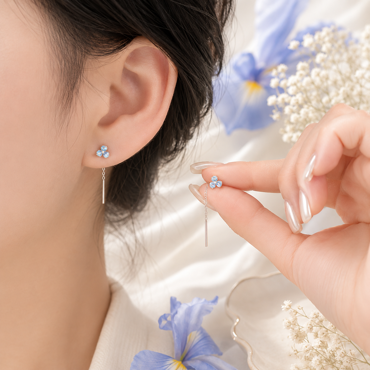 Blue Iris Flower Threader Earrings in 925 Sterling Silver
