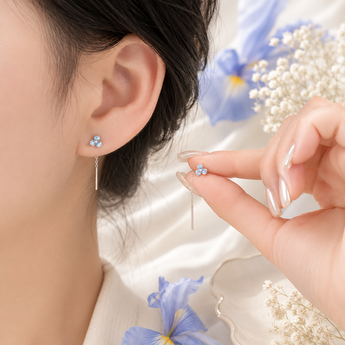 Blue Iris Flower Threader Earrings in 925 Sterling Silver