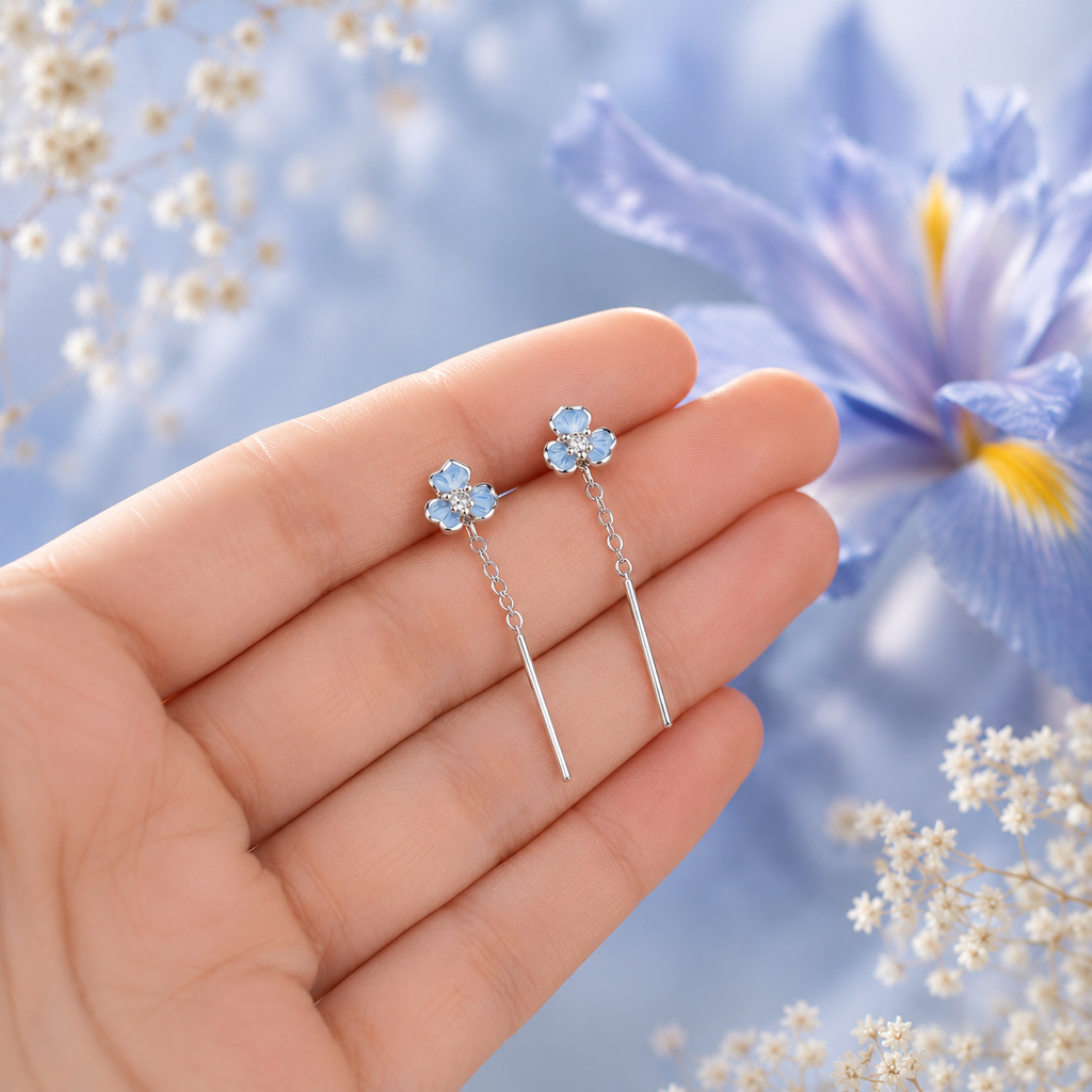 Blue Iris Flower Threader Earrings in 925 Sterling Silver