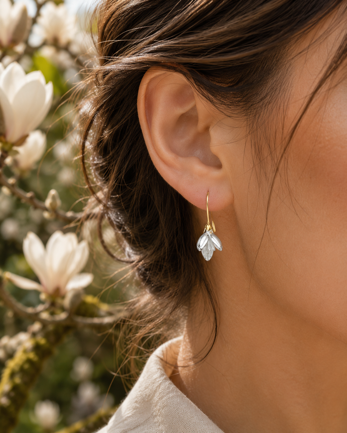 Dainty Magnolia Flower Hook Earrings in 925 Sterling Silver