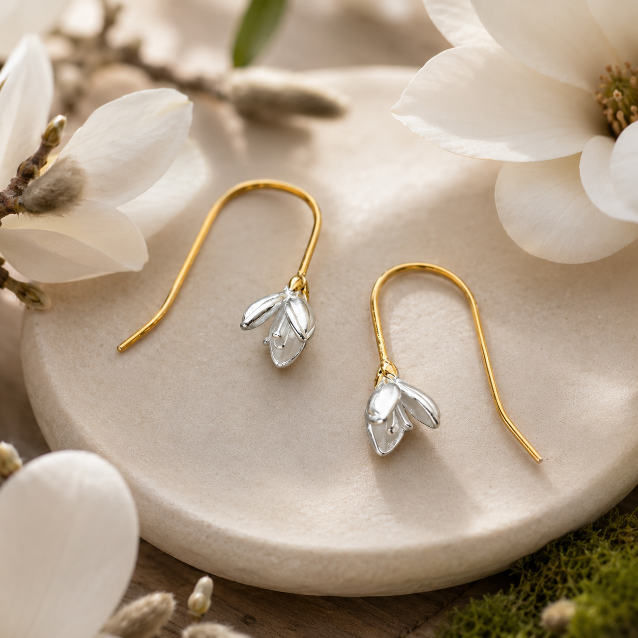 Dainty Magnolia Flower Hook Earrings in 925 Sterling Silver