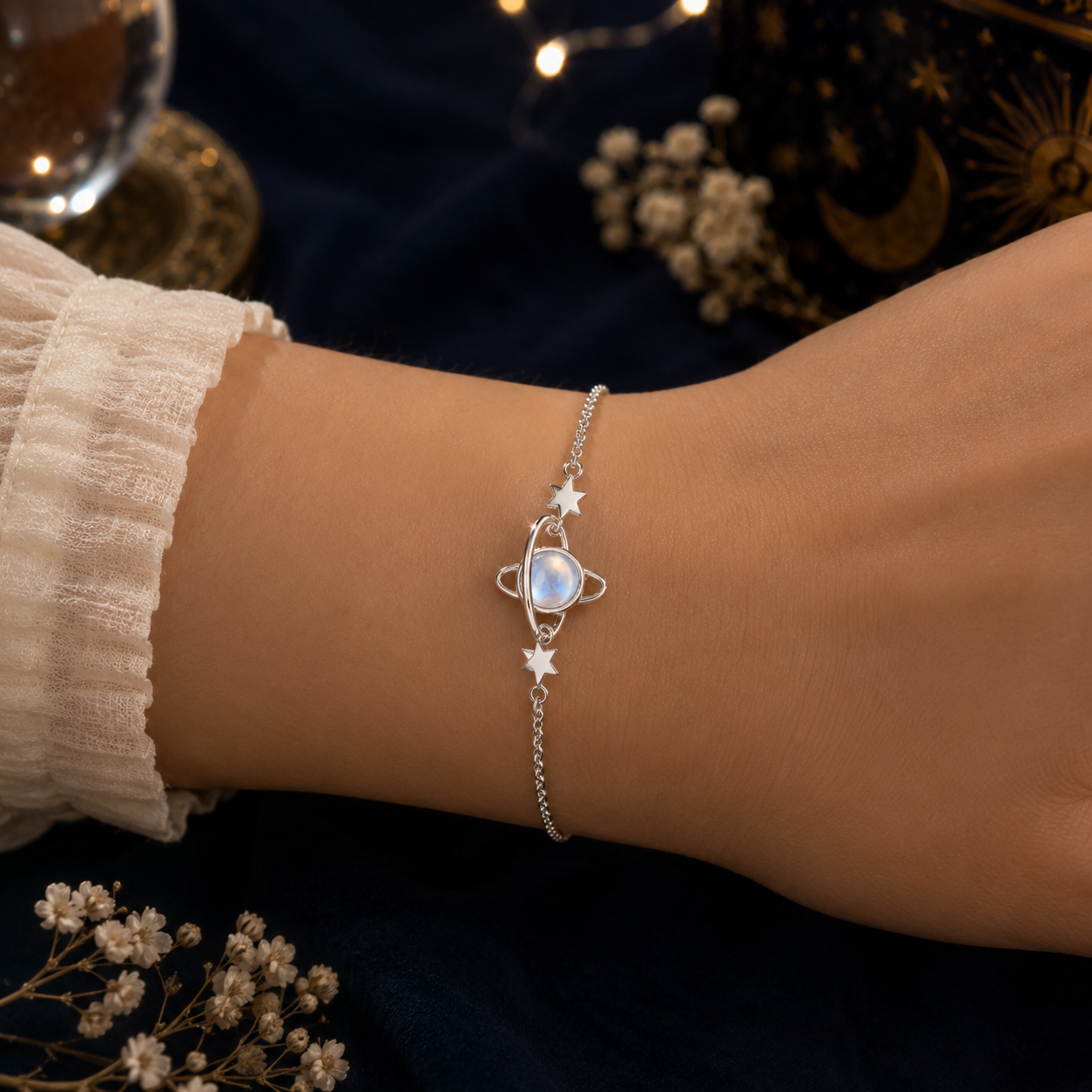 Planet Moon Star Moonstone Charm Bracelet in Solid Copper