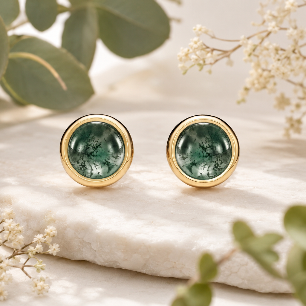 Moss Agate Cabochon Stud Earrings in 925 Sterling Silver